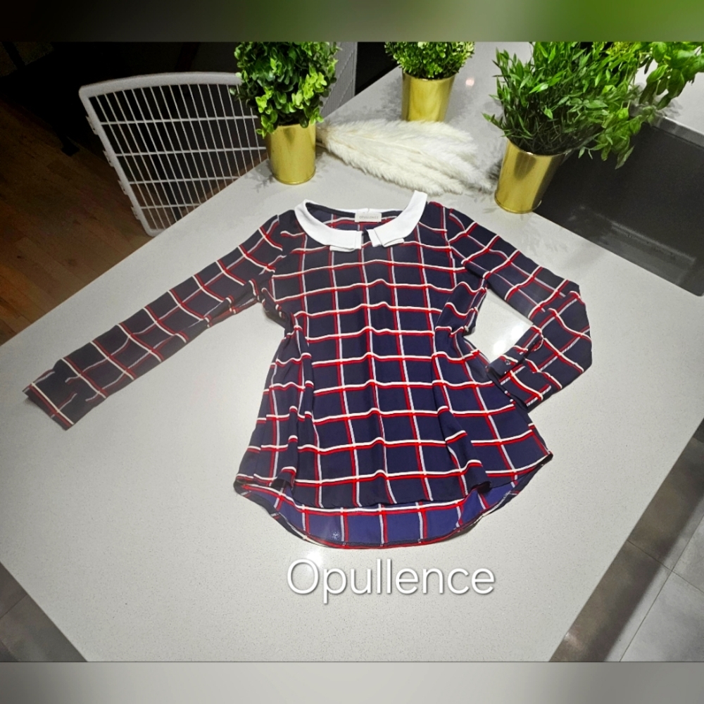 OPULLENCE Jolie blouse fluide a carreaux bleue foncée, rouge et blanche